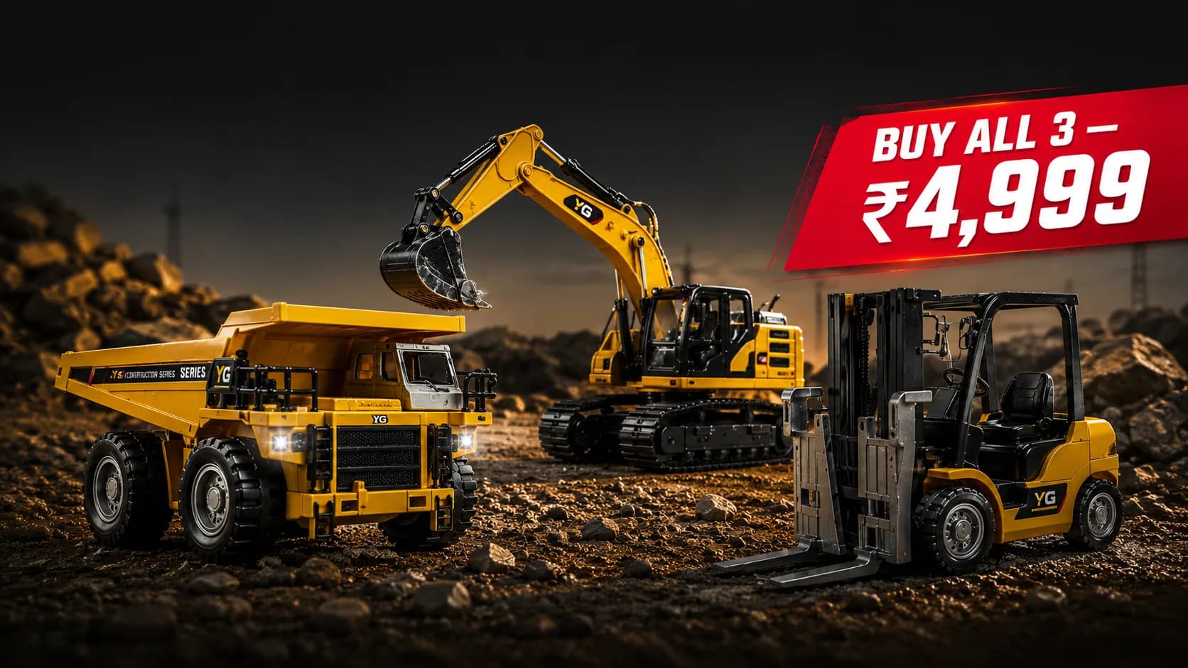PRC construction 3-pack — mining truck, excavator and forklift, buy all 3 for ₹4,999