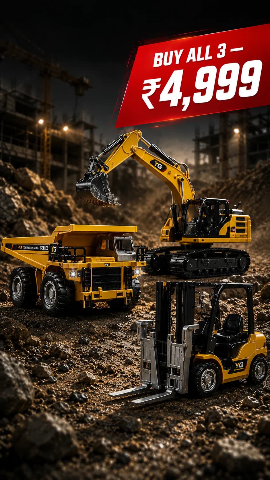 PRC construction 3-pack — mining truck, excavator and forklift, buy all 3 for ₹4,999